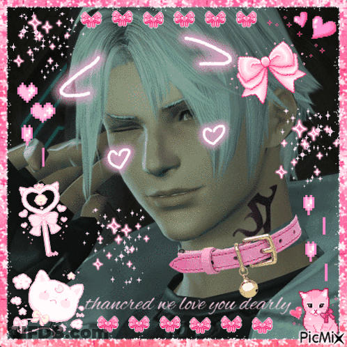 A Man Wearing A Pink Collar With The Words Thancred We Love You Dearly GIF