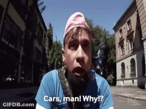 A Man Wearing A Pink Hat And A Blue Shirt Says Cars Man Why ? GIF