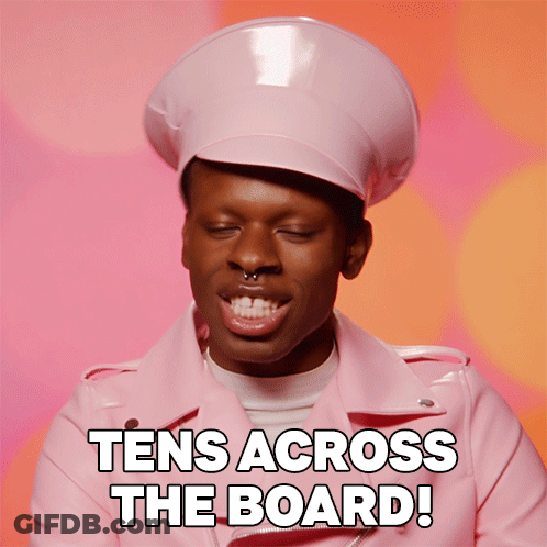 A Man Wearing A Pink Hat And A Pink Jacket Says Tens Across The Board ! GIF