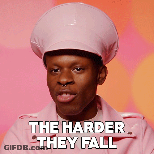 A Man Wearing A Pink Hat And A Pink Jacket With The Words The Harder They Fall Below Him GIF