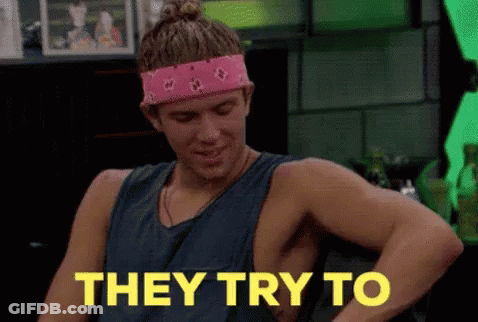 A Man Wearing A Pink Headband And A Blue Tank Top Says They Try To GIF