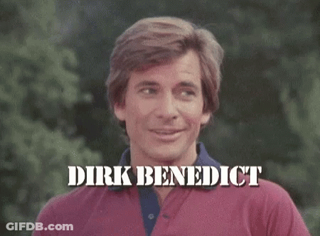 A Man Wearing A Pink Shirt With The Name Dirk Benedict Written On It GIF
