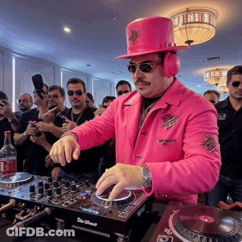 A Man Wearing A Pink Top Hat And Headphones Is Playing Music On A Dj Mixer GIF