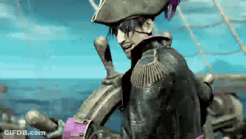 A Man Wearing A Pirate Hat And Sunglasses Is Sitting On A Boat GIF