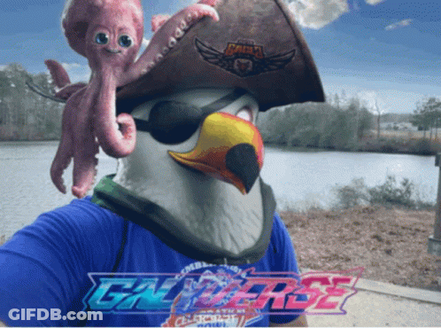 A Man Wearing A Pirate Hat Holds An Octopus On His Head And The Word Gamers Is On His Shirt GIF