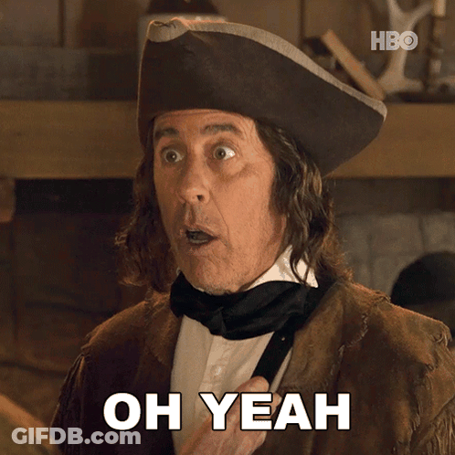 A Man Wearing A Pirate Hat Says Oh Yeah In White Letters GIF