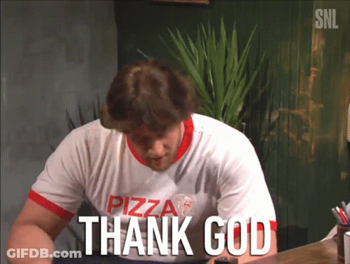 A Man Wearing A Pizza Shirt Is Saying Thank God GIF