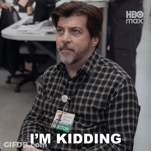 A Man Wearing A Plaid Shirt And A Name Tag That Says Doctor Says I 'M Kidding GIF