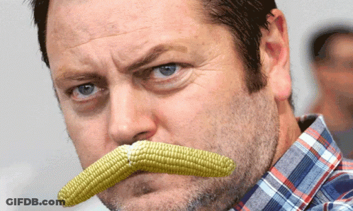 A Man Wearing A Plaid Shirt Has A Corn On The Cob In His Mouth GIF