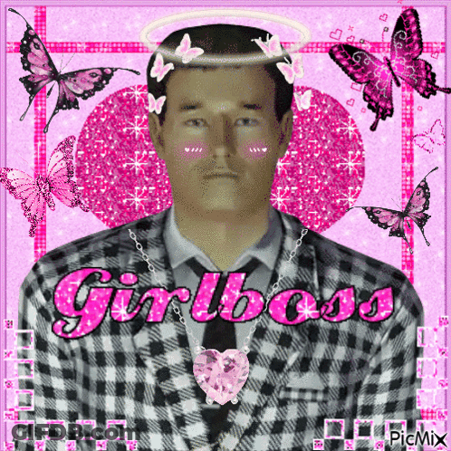A Man Wearing A Plaid Suit And Tie Is Surrounded By Pink Butterflies And The Word Girlboss GIF