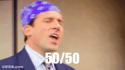 A Man Wearing A Purple Bandana And A Suit And Tie Says 50/50 GIF
