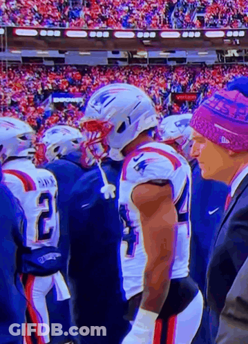 A Man Wearing A Purple Hat Is Standing Next To A Football Player Wearing A Patriots Jersey GIF