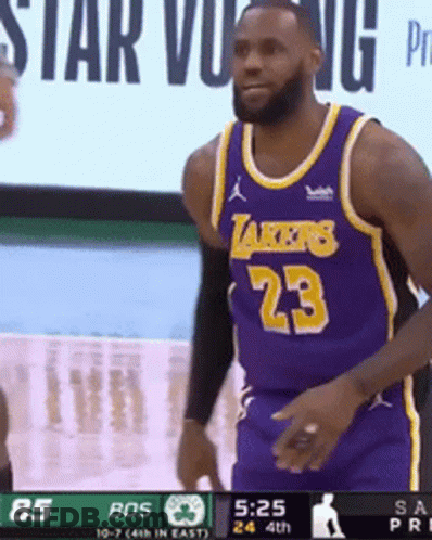 A Man Wearing A Purple Lakers Jersey Stands On A Court GIF