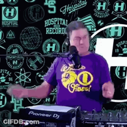 A Man Wearing A Purple Shirt That Says Hospital On It Is Dancing In Front Of A Pioneer Dj GIF