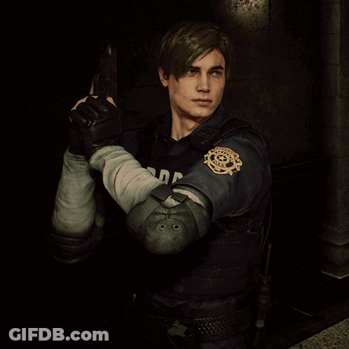 A Man Wearing A R.p.d. Uniform Holds A Gun GIF