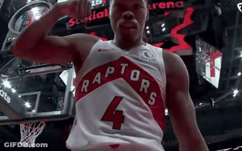 A Man Wearing A Raptors Jersey With The Number 4 GIF