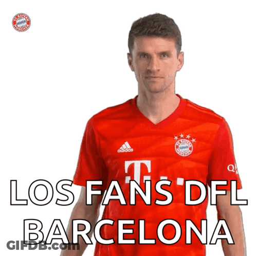 A Man Wearing A Red Adidas Shirt Says Los Fans Dfl Barcelona GIF