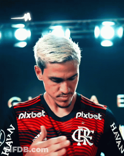 A Man Wearing A Red And Black Shirt With Pixbet Written On The Sleeves GIF