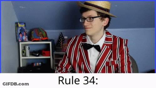 A Man Wearing A Red And White Striped Jacket And A Straw Hat With Rule 34 Written On The Bottom GIF