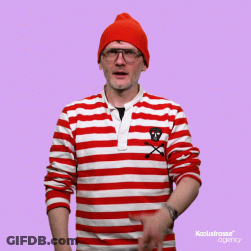 A Man Wearing A Red And White Striped Shirt With A Skull And Crossbones On The Chest GIF
