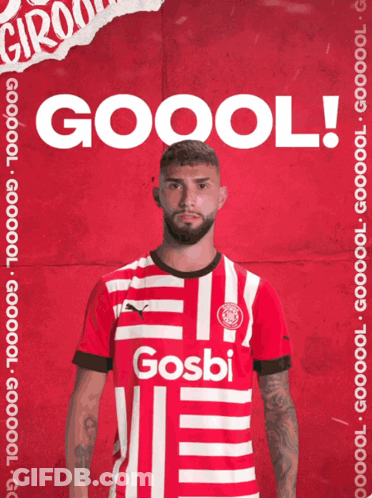 A Man Wearing A Red And White Striped Shirt With Gosbi On It GIF