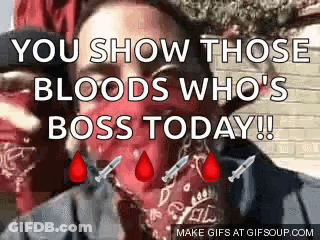 A Man Wearing A Red Bandana With Blood Drops On It . GIF