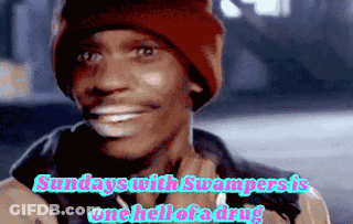 A Man Wearing A Red Beanie Is Smiling With The Words Sundays With Swampers Is One Hell Of A Drug GIF