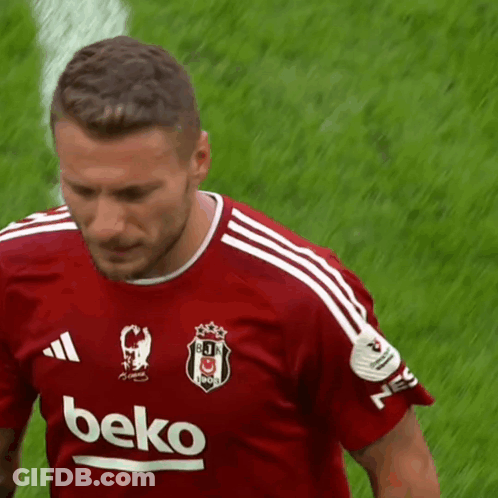 A Man Wearing A Red Beko Shirt Stands On A Field GIF