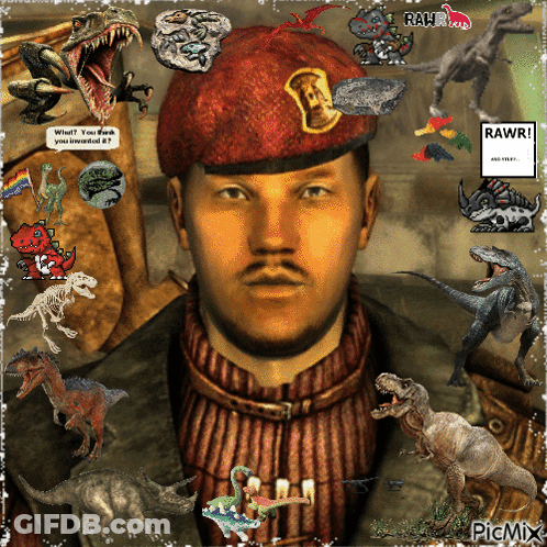 A Man Wearing A Red Beret Is Surrounded By Dinosaurs And A Sign That Says Rawr! GIF