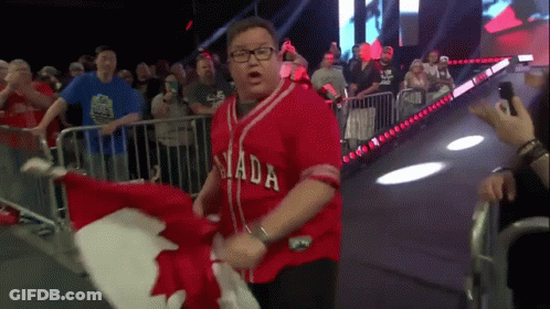 A Man Wearing A Red Canada Jersey Is Holding A Canadian Flag GIF