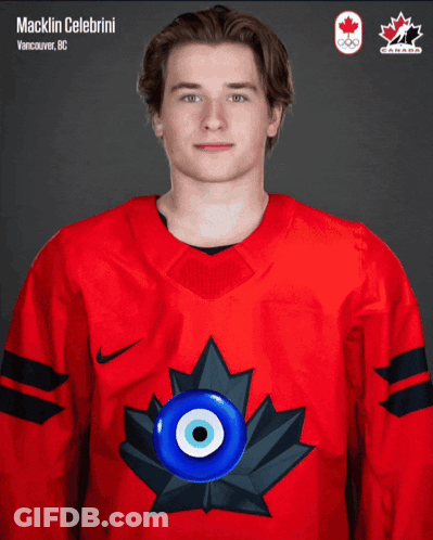 A Man Wearing A Red Canadian Jersey With A Maple Leaf On The Front GIF