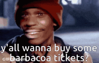 A Man Wearing A Red Hat Is Smiling And Asking If He Can Buy Some Barbacoa Tickets . GIF