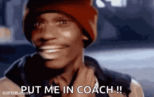 A Man Wearing A Red Hat Is Smiling And Saying Put Me In Coach . GIF