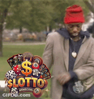 A Man Wearing A Red Hat Is Standing In Front Of A Lotto Memecoin Logo GIF