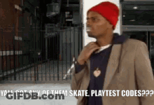A Man Wearing A Red Hat Says Yall Got Any Of Them Skate Playtest Codes ? GIF
