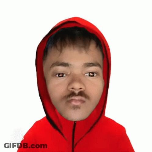 A Man Wearing A Red Hoodie Has A Fake Face On His Face GIF