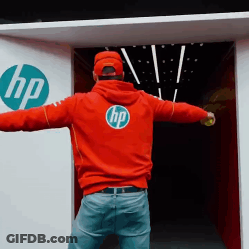 A Man Wearing A Red Hoodie With The Hp Logo On It GIF