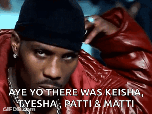 A Man Wearing A Red Jacket And A Black Hat Says Aye Yo There Was Keisha Tyesha Patti And Matti GIF