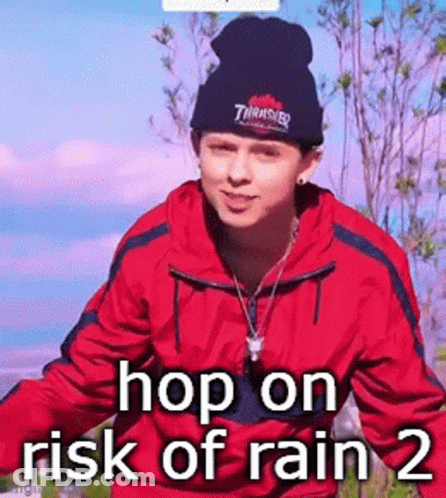 A Man Wearing A Red Jacket And A Thrasher Hat Is Standing In The Rain . GIF