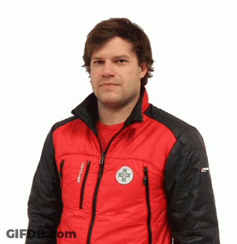 A Man Wearing A Red Jacket That Says Ortovox On The Front GIF