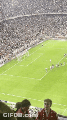 A Man Wearing A Red Scarf Is Watching A Soccer Game In A Stadium With A Banner For Mastercard GIF