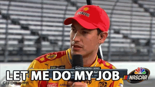 A Man Wearing A Red Shell Hat Is Talking Into A Microphone With The Words " Let Me Do My Job " Below Him GIF