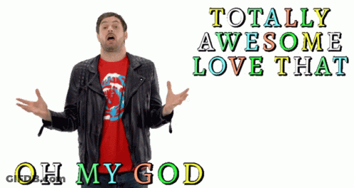 A Man Wearing A Red Shirt And A Black Leather Jacket Says " Totally Awesome Love That Oh My God " GIF