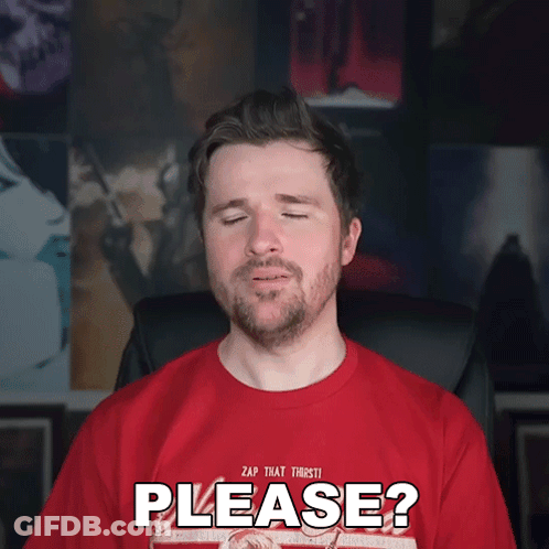 A Man Wearing A Red Shirt That Says " Please " GIF