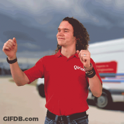 A Man Wearing A Red Shirt That Says ' Qirion ' On It GIF