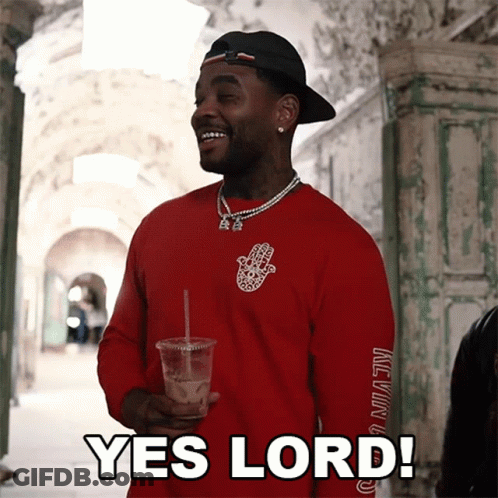 A Man Wearing A Red Shirt That Says Yes Lord On It GIF