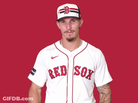 A Man Wearing A Red Sox Jersey Adjusts His Cap GIF