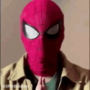 A Man Wearing A Red Spider-Man Mask And A Jacket Is Praying . GIF