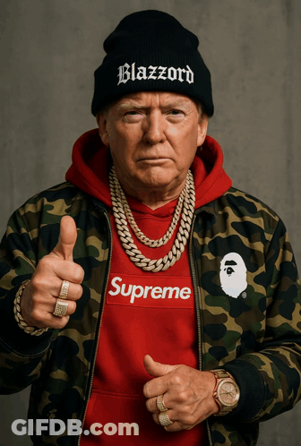 A Man Wearing A Red Supreme Sweatshirt And A Black Beanie Giving A Thumbs Up GIF