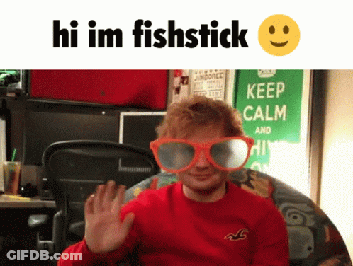 A Man Wearing A Red Sweater And Orange Glasses With The Words Hi Im Fishstick Above Him GIF